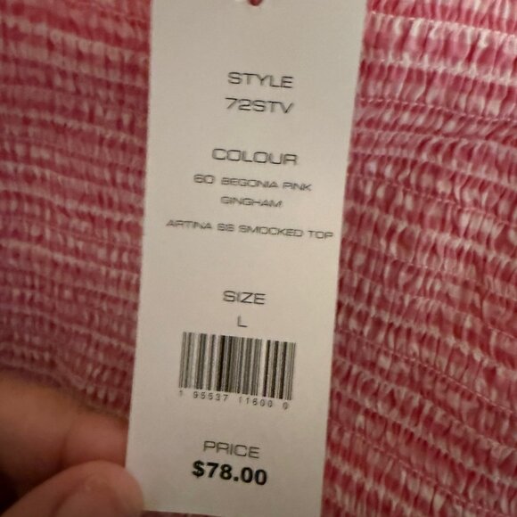 French Connection Pink Gingham Smocked Puff-Sleeve Peplum Top – Size L (NWT) - Picture 2 of 3